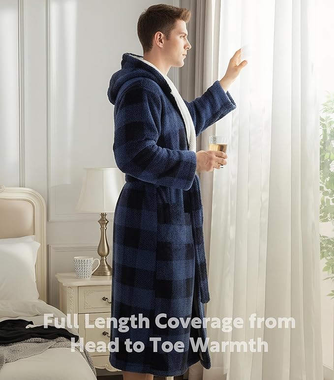 DAVID ARCHY Men's Hooded Robe Soft Coral Fleece Microfiber Bathrobe