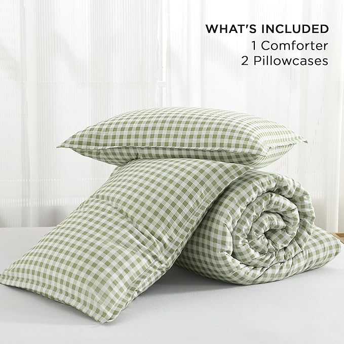 Andency Sage Gingham Comforter Set Queen(90x90Inch), Green Checkered Grid Plaid Buffalo Bed Set for Girls Boys Kids Teens, 3 Pieces Lightweight Microfiber Geometric Preppy Bedding