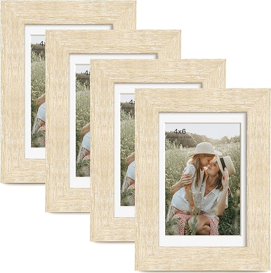4x6 Picture Frame with Mat for 3.5x5, Natural Wood Grain Gallery Wall Picture Frames for Tabletop or Wall Mounting(4 Pack, Natural)