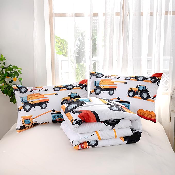 CVHOUSE Tractor Bedding Set for Boys - Twin Excavator Comforter & Trucks Tractors Cars Quilt Set with 1 Comforter and 2 Pillow Cases - 3 Piece