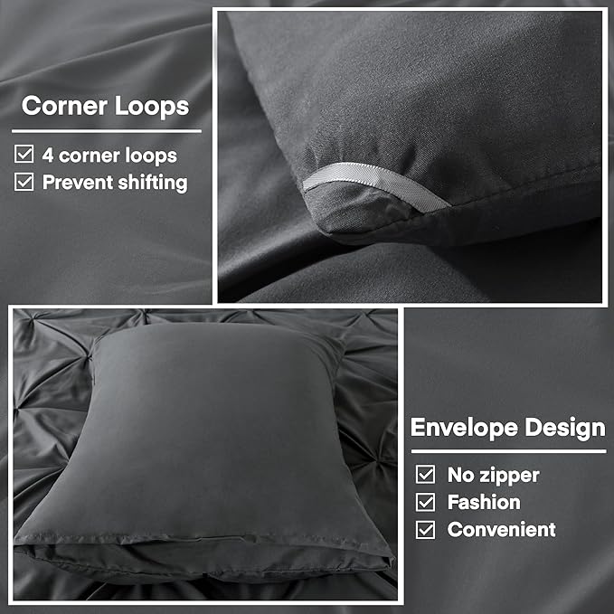 Andency Dark Gray Queen Comforter Set, 3 Piece All Season Decorative Pintuck Bedding Comforter & Sets, Grey Soft Microfiber Lightweight Washable Bed Set for Queen Size Bed