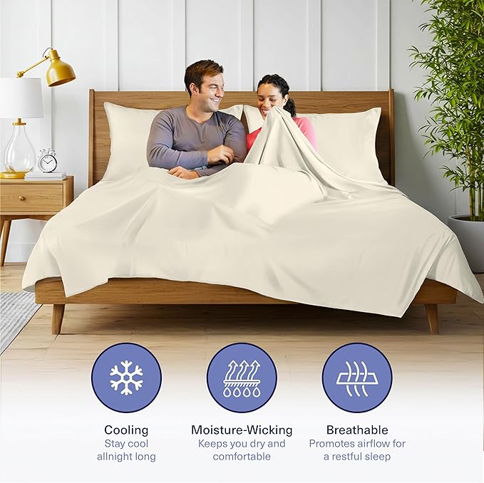 Kickoff Viscose Bamboo Sheets Queen Size 4-pc 100% Organic Bamboo Viscose Bed Cooling Sheets Queen Size Set Cool Bedding for hot Sleepers Sheet, Flat, Fitted, Pillowcases (Buttercream, Q) KickoffHome