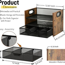Wood Desk Organizer - 3-Tier Desktop File Organizer with Drawer, Wooden Paper Tray, Office Desk Organzier and Accessories for Papers, Mail, Notebooks, Stationery