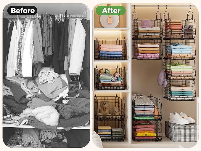 4" Extra Deeper Hanging Closet Organizers and Storage,4 Tier Foldable Wire Cabinet Shelves with 5 S Hooks,Small Metal Basket Bins for Clothes Sweaters Handbags, Wardrobe for Kitchen Laundry Room，Black