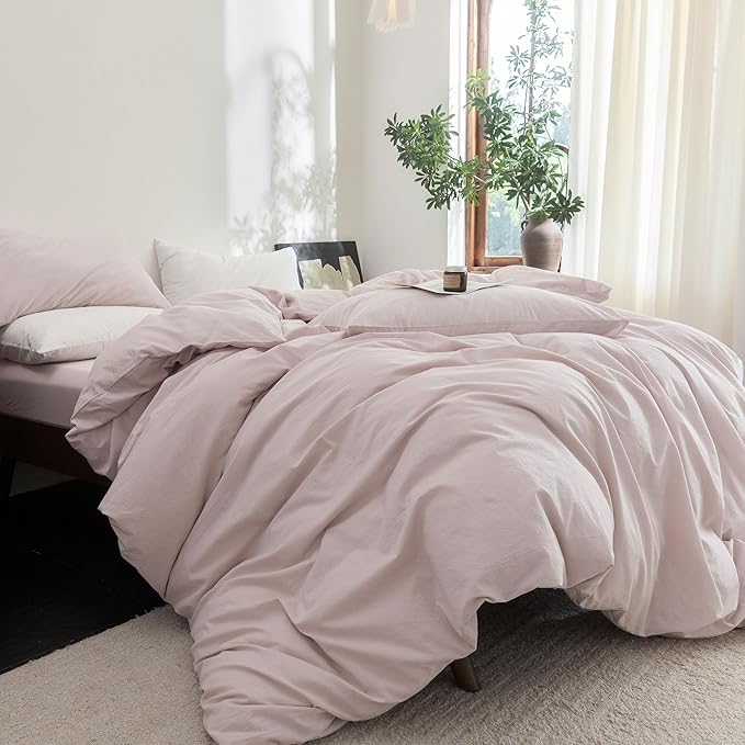 FOSSA Duvet Cover Set 100% Washed Cotton Linen Feel Super Soft Breathable Cozy 3 Pieces Bedding Sets Solid Greyish Pink Queen