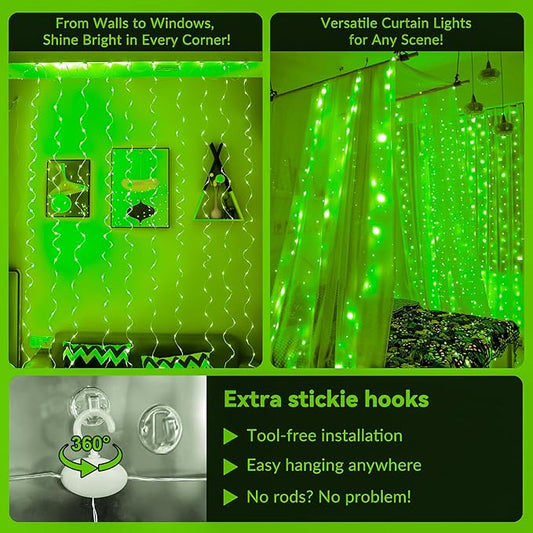 HXWEIYE 300LED Fairy Curtain Lights, 9.8x9.8Ft USB Plug-in 8 Modes Christmas String Hanging Lights with Remote for Bedroom Backdrop Wedding Indoor Wall Decor, Green, Standard – 1 Pack