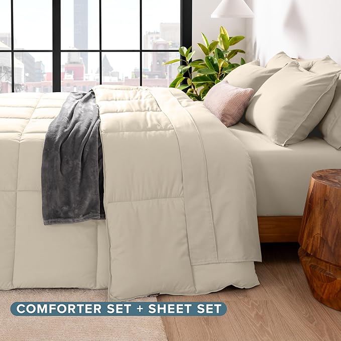 Bare Home Bed-in-A-Bag 5 Piece Comforter & Sheet Set - Twin XL - Goose Down Alternative - Ultra-Soft 1800 Premium Bed Set (Twin XL, Sand/Sand)