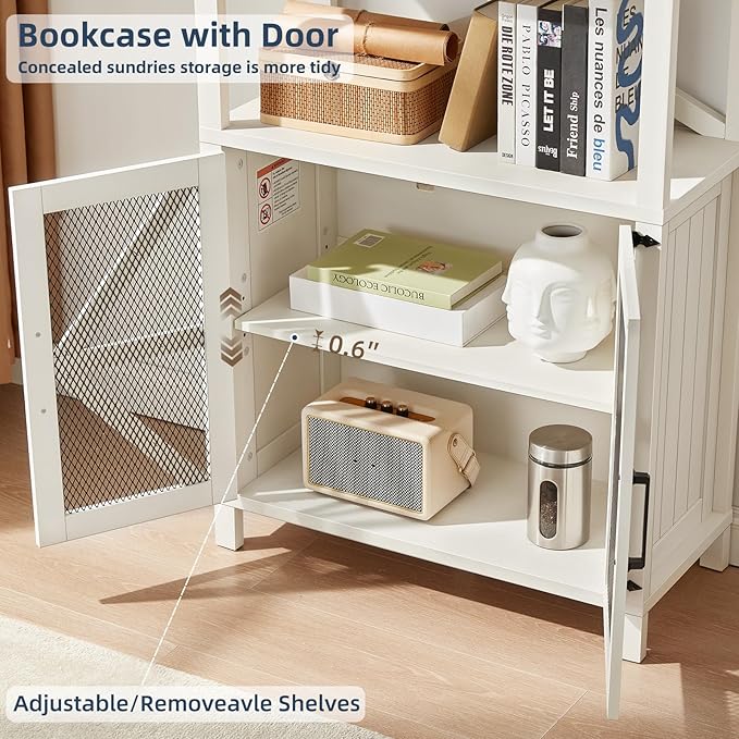 5 Tier Bookshelf 70" Tall Bookcase with Barn Doors,Large Farmhouse Display Book Shelf with Adjustable Shelves and Storage Cabinet，Library Wood Bookshelves for Living Room,Kitchen,White(2PCS)