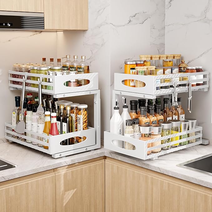 Under Sink Organizer, 2 Tier Under Sink Organizers and Storage, Adjustable Height, Slide out Metal Cabinet Organizers, Pull out Cabinet Storage Drawer Shelf for Kitchen Bathroom