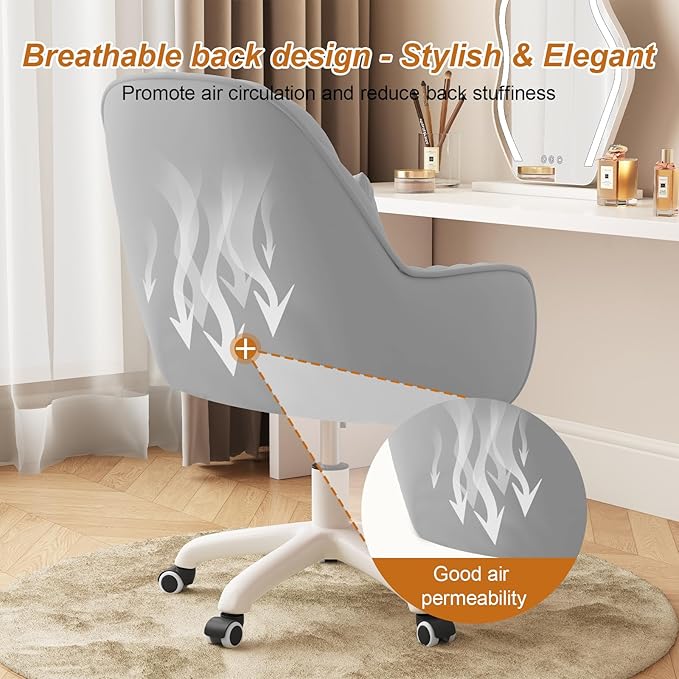 Cute Home Office Chair Velvet Upholstered Desk Chairs with Mid Back Swivel Adjustable Makeup Vanity Computer Chair with Wheels