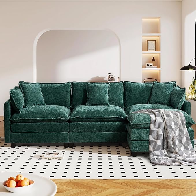 SoarFlash 113.78" Chenille Sectional Sofa, Comfy L Shaped Modular Coush Sofa with Ottoman, Modern 4 Seat Couch Deep Seat Sofa Set for Living Room,Green