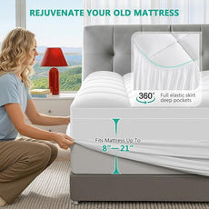 Full Mattress Topper - Extra Thick Mattress Pad Cover - Pillow Top with Soft Breathable Spiral Fiber Filling, 8-21 Inch Deep Pocket, Cooling, White