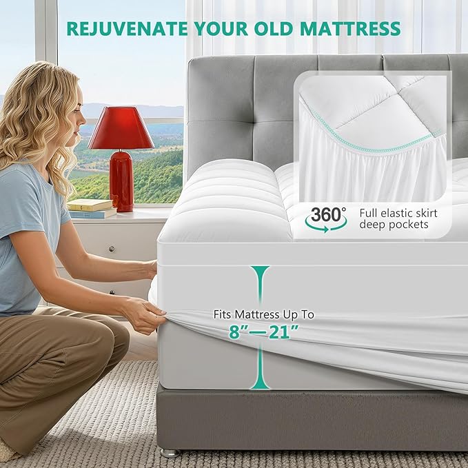Queen Mattress Topper - Extra Thick Mattress Pad Cover - Pillow Top with Soft Breathable Spiral Fiber Filling, 8-21 Inch Deep Pocket, Cooling, White