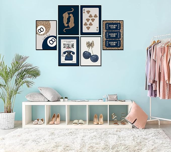 6Pcs Navy Blue Trendy Leopard Canvas Wall Art Fashion Lucky 8 Ball Painting pictures Preppy Y2K Aesthetics Wall Decor Trend Cheetah Prints Artwork for College Dorm Home Decoration 8x10in Unframed