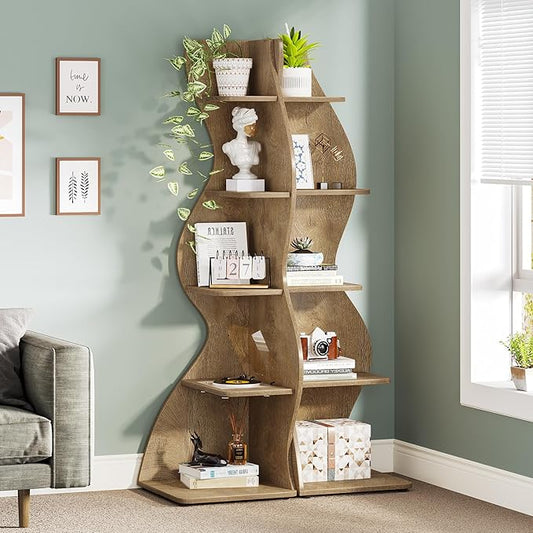 Tribesigns Corner Shelf, Modern 5-Tier Wall Corner Bookshelf, Stylish Corner Small Bookcase Storage Rack Plant Stand with Unique Shape for Living Room, Home Office (Light Brown, 2PCS)