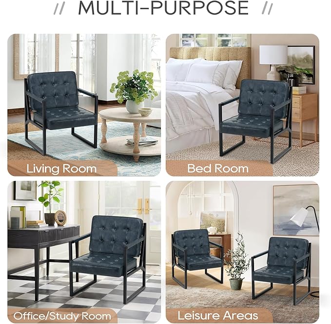 COLAMY Accent Chairs Set of 2, Modern Accent Arm Chairs for Living Room, Comfy Leather Armchairs with Metal Legs for Bedroom Reception Room, Blue