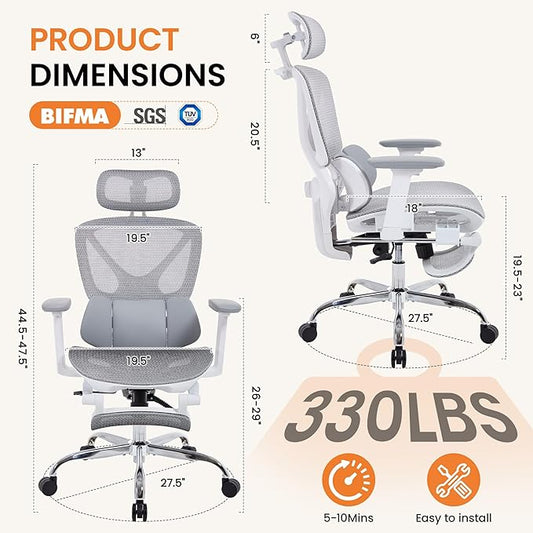 LuxErgo Ergonomic Mesh Office Chair High Back Mesh Computer Executive Desk Chair Home Office Chair with Adjustable Lumbar Support for Office/Gaming/Study, Freely Tilt Lock, Flip-Up Headrest & Armrests