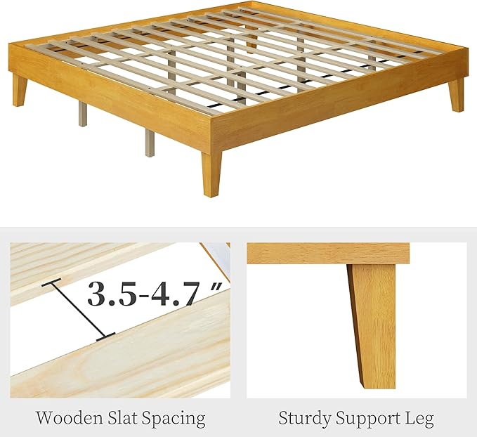 Yaheetech King Bed Frame Natural Solid Wood Platform Bed with Wooden Slats Support, 12-inch Underbed Space for Storage, Noise-Free Design, Easy Assembly, Natural Wood Finish