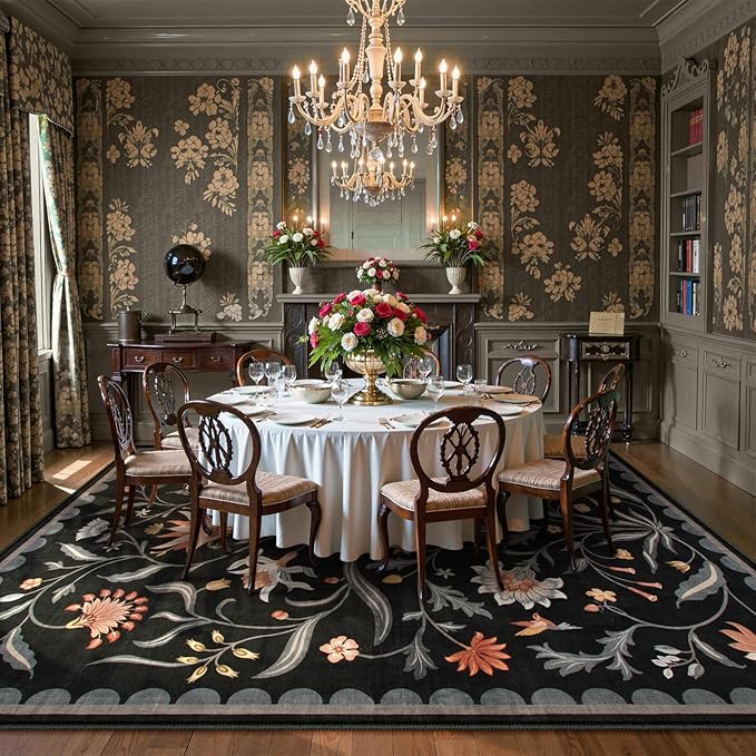 Lahome Boho Floral Washable Black 8x10 Area Rugs for Living Room, Non Slip Rugs for Bedroom, Ultra-Thin Indoor Throw Dining Room Carpet for Under Table Home Office Farmhouse (Black,8x10)