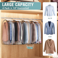 Clear Garment Bag for Hanging Clothes 10” Gusseted, 32” Suit Bags for Open Closet Storage Plastic Clothes Cover for Coat, Dress, Shirts, Fur, Jacket, Wardrobe Protectors, 4 Pack