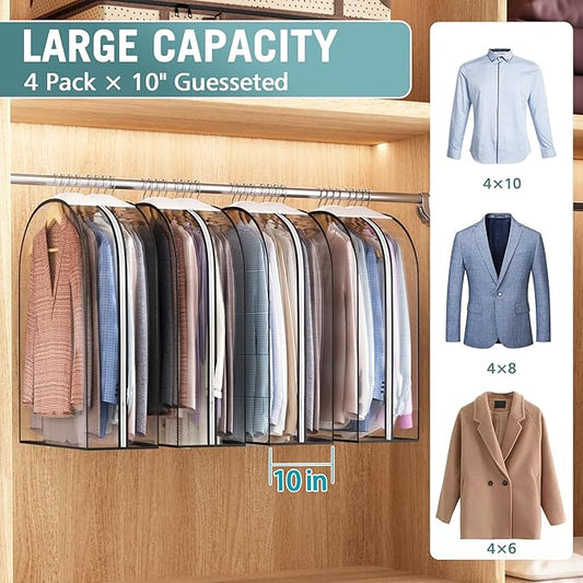 Clear Garment Bag for Hanging Clothes 10” Gusseted, 32” Suit Bags for Open Closet Storage Plastic Clothes Cover for Coat, Dress, Shirts, Fur, Jacket, Wardrobe Protectors, 4 Pack