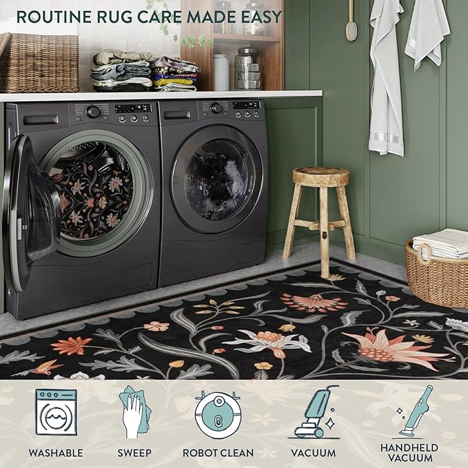 Lahome Boho Floral Washable Black 8x10 Area Rugs for Living Room, Non Slip Rugs for Bedroom, Ultra-Thin Indoor Throw Dining Room Carpet for Under Table Home Office Farmhouse (Black,8x10)