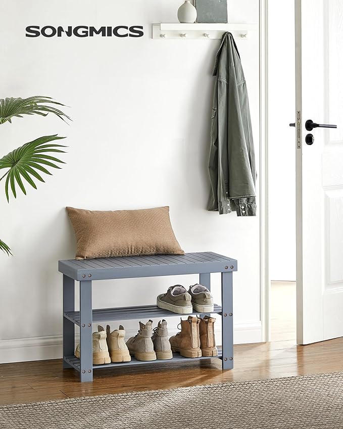 SONGMICS Shoe Rack Bench, 3-Tier Bamboo Shoe Storage Organizer, Entryway Bench, Holds Up to 286 lb, 11.3 x 27.6 x 17.8 Inches, for Entryway Bathroom Bedroom, Grey ULBS04GY