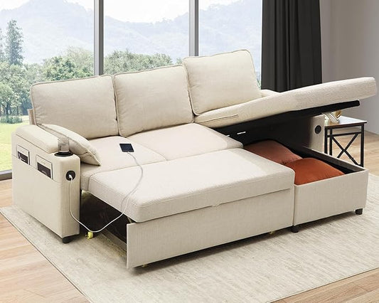 DURASPACE Sofa Bed Sleeper Pull Out 2 in 1 Sectional Sleeper Sofa Couches with Storage,USB, Cup Holder,Pullout Sectional Couches for Apartment Living Room (Beige)
