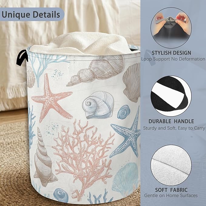 Starfish Laundry Hamper,Shell Coral Dirty Clothes Laundry Basket with Handles Waterproof Oxford Cloth Storage Basket for College Dorms Bathroom Bedroom 16" x 20.8"