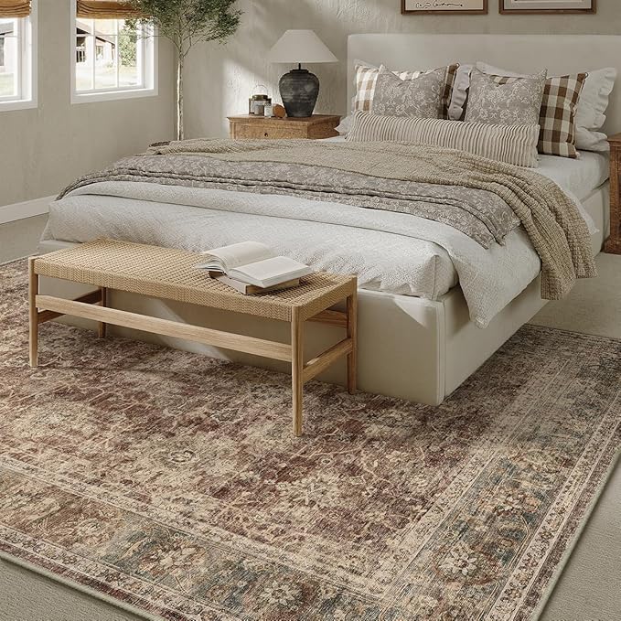 8x10 Washable Area Rug for Living Room Bedroom Rust Vintage Distressed Rustic Large Carpet Non-Slip Low Pile Lightweight Vacuumable Soft Throw Rug for Indoor Dining Room