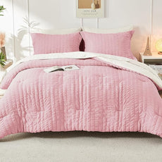 HYMOKEGE Pink/Ivory Queen Comforter Set Seersucker 7 Pieces, All Season Luxury Bed in a Bag Queen for Bedroom, Bedding Set with Comforter, Sheets, Pillowcases & Shams