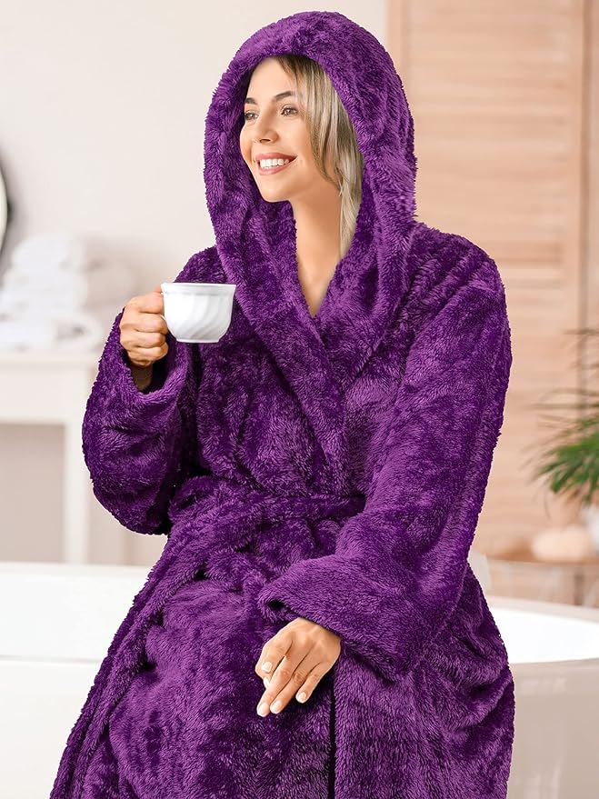 PAVILIA Women Hooded Plush Soft Robe | Fluffy Warm Fleece Sherpa Shaggy Bathrobe