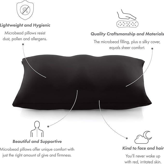 PILLOWY Cover Only for Premium Microbead Bed Pillow, Small Extra Smooth - Ultra Comfortable Sleep with Silk Like Anti Aging Cover 85% Spandex/ 15% Nylon Breathable, Cooling Matte Black