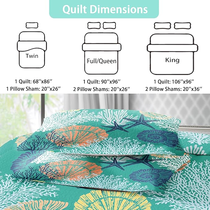 Tritard 3 Piece Coastal Quilt Sets Full/Queen Size - Reversible Microfiber Quilts with 2 Shams Soft Lightweight Beach Bedding Nautical Bedspread Coverlet Summer Comforter for All Season, 90''x96'', C3