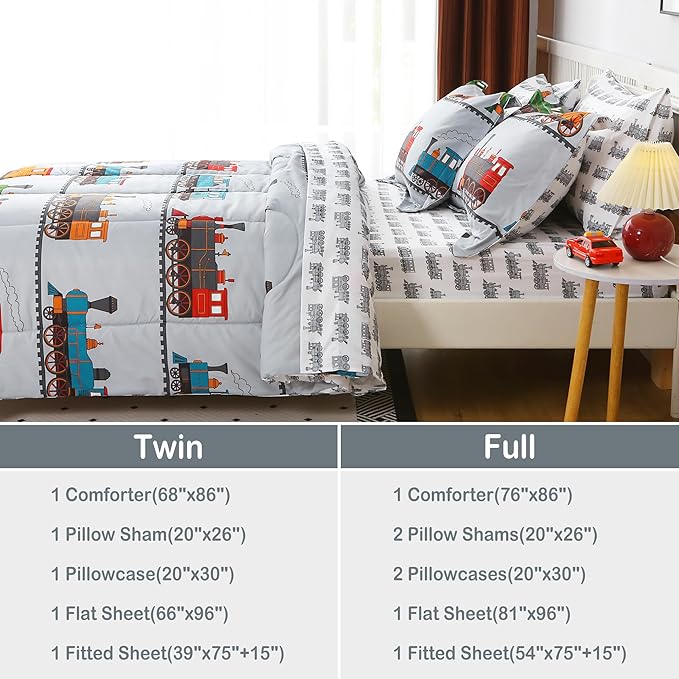 Viviland Kids Full Bedding Sets for Boys, Soft Full Comforter Set with Sheets, 7 Pieces Microfiber Bed in a Bag, Light Grey Train