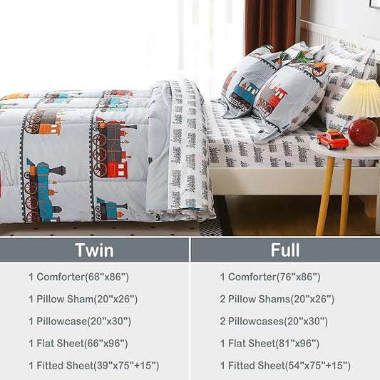 Viviland Kids Full Bedding Sets for Boys, Soft Full Comforter Set with Sheets, 7 Pieces Microfiber Bed in a Bag, Light Grey Train