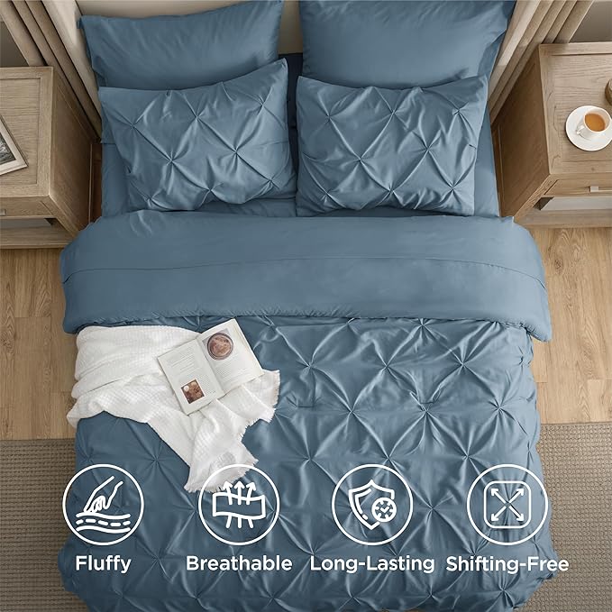 Bedsure California King Comforter Set Mineral Blue - Bed in a Bag Cal King Bedding Set 7 PCS, GentleSoft™ Pintuck Bed Set Gift for Family, Pinch Pleat Blue Comforter with Sheets, Pillowcases & Shams