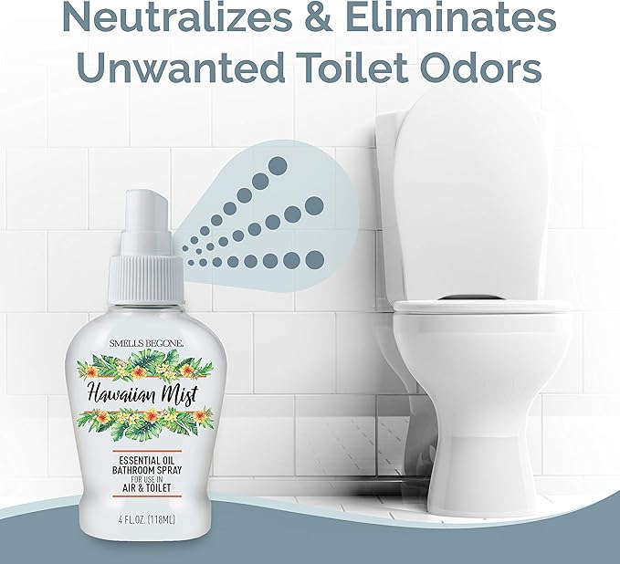 SMELLS BEGONE 4 oz Essential Oil Air Freshener Bathroom Spray - Eliminates Bathroom & Toilet Odors - Made with Essential Oils - Hawaiian Mist Scent