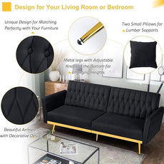 70” Velvet Futon Sofa Bed with 2 Pillows and Adjustable Armrests, Convertible Sleeper Bed W/Adjustable Backrests, Modern Loveseat for Living Room, Bedroom, Black