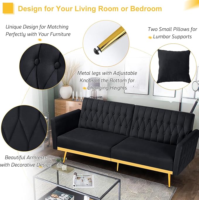70” Velvet Futon Sofa Bed with 2 Pillows and Adjustable Armrests, Convertible Sleeper Bed W/Adjustable Backrests, Modern Loveseat for Living Room, Bedroom, Black