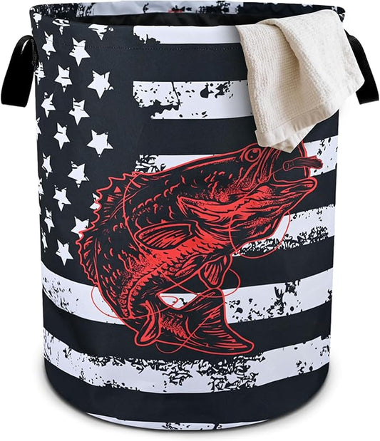 Bass Fish Laundry Basket Foldable Oxford Cloth Tote Bag Laundry Hamper Clothes Storage Bucket Organizer For Bathroom/Laundry Storage/Bedroom 19.6x15.7 Inch