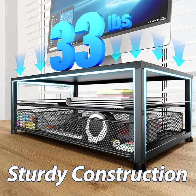 OPNICE Desk Organizer and Accessories, 2-Tier Computer Monitor Stand Riser with Drawer and 2 Pen Holders, Laptop Stand, Office Desk Accessories for Office Supplies, Black 2-Pack