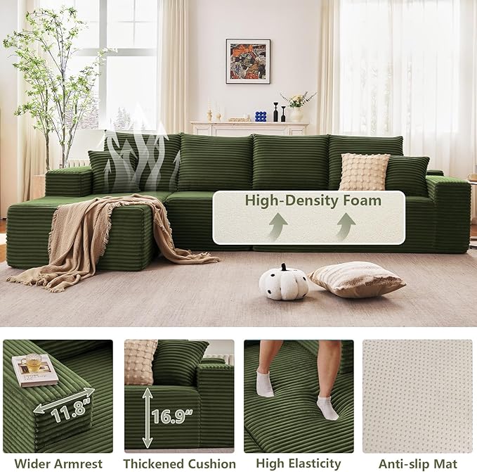 135" Cloud Sectional Couch with L-Shape Chaise, Modern Modular Comfy Sofa with Deep Seat, Upholstered Corduroy Couches Sleeper Chaise Longue for Living Room Bedroom, No Assembly Required, Green
