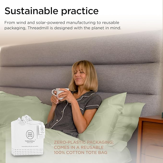 Threadmill 100% Cotton Sheets for Queen Size Bed - 600 Thread Count Queen Bed Sheets Set with 16” Deep Pocket - Jacquard Sateen Weave 4-Piece Bedding Set with Cooling Effect, Sage Green