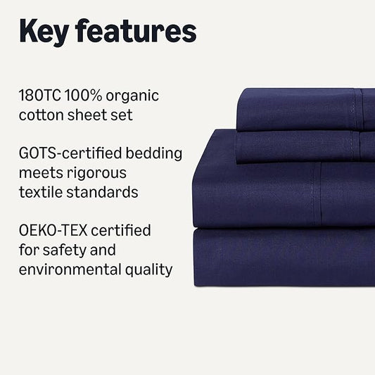 Amazon Basics Organic Cotton Sheet Set with 2-Pieces Pillowcase, Navy Blue, Full