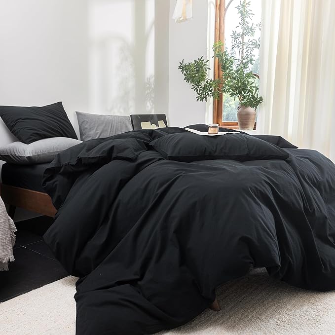 FOSSA Duvet Cover Set 100% Washed Cotton Linen Feel Super Soft Breathable Cozy 3 Pieces Bedding Sets Solid Black Oversized King