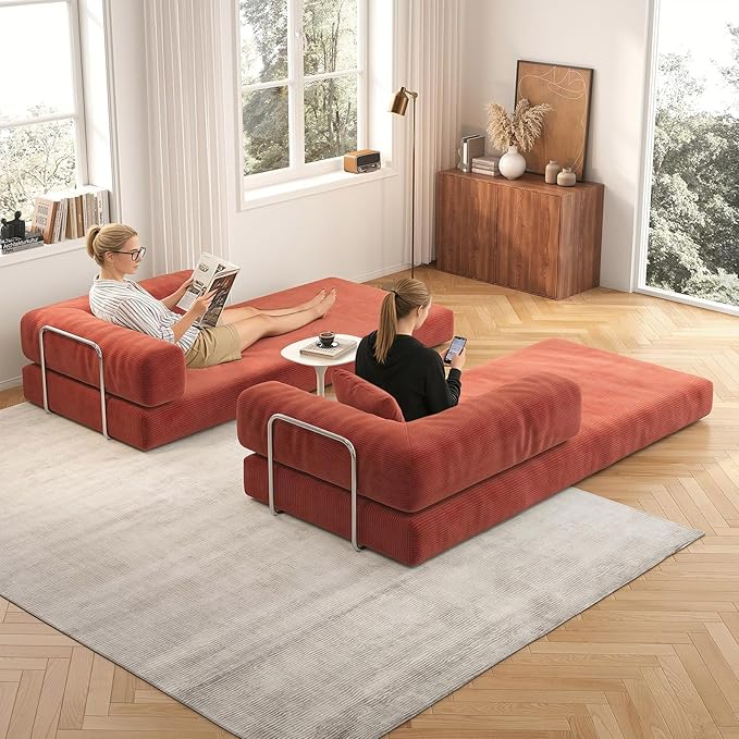 Antetek Convertible Futon Sofa Bed, 3-Seater Modern Corduroy Foam Floor King Size Bed Fold Out Sleeper Lounge Loveseat Sofa Couch with 2 Throw Pillows for Living Room Bedroom Guest Room, Tangerine