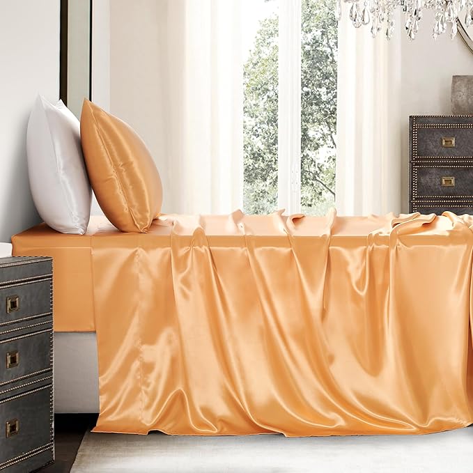 Satin Sheets Twin XL Size - 3 Pieces Luxury Silky Soft Bed Sheets, Wrinkle-Free Gold Satin Silk Sheet Set with 1 Deep Pocket Fitted Sheet, 1 Flat Sheet, 1 Pillow case