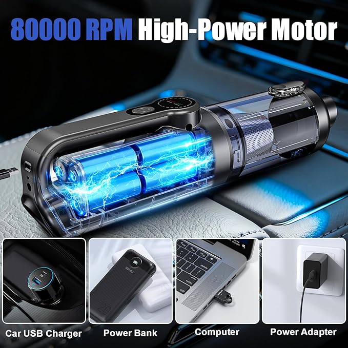 Car Vacuum Portable Cordless-19000 Pa 4 in 1 Handheld Vacuum Cordless Brushless Motor with LED Light and Multi-Nozzles, One-Touch dust Removal for Car, Home, Office, Pet, Black