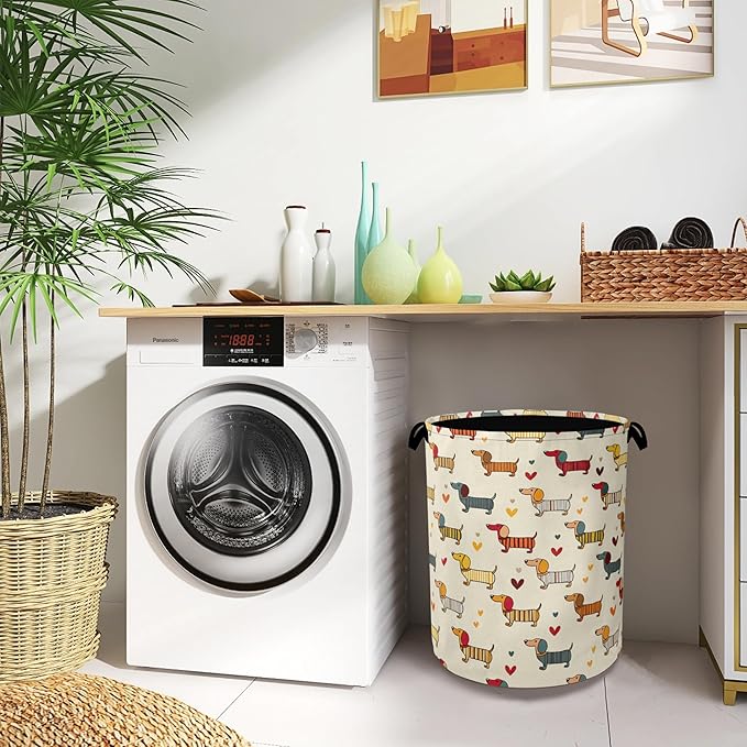 Cute Dachshund Dog Laundry Basket,Foldable with Handles Tote Bag Oxford Cloth for Bathroom Bedroom Dirty Clothes Storage Bucket 16" x 20.8"